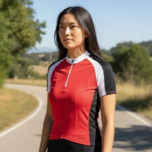 Performance Bike Cycling Red Black and White Half Zip Short Sleeve Top